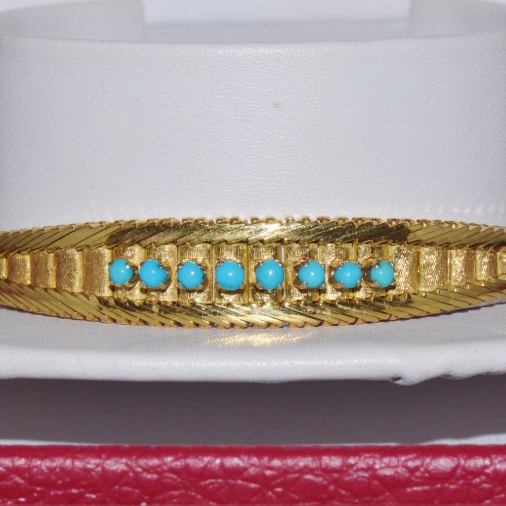 VINTAGE ESTATE SOLID 18K GOLD & NATURAL PERSIAN TURQUOISE BRACELET